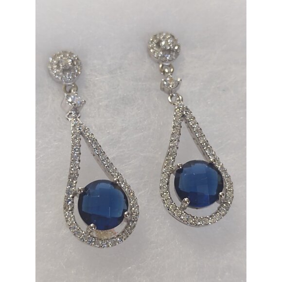 Women's Sterling Silver Blue Sapphire & Cubic Zirconia Bridal Earrings NEW - Picture 4 of 13